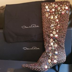 Oscar de la Renta Satin Embroidery Black Boot 39